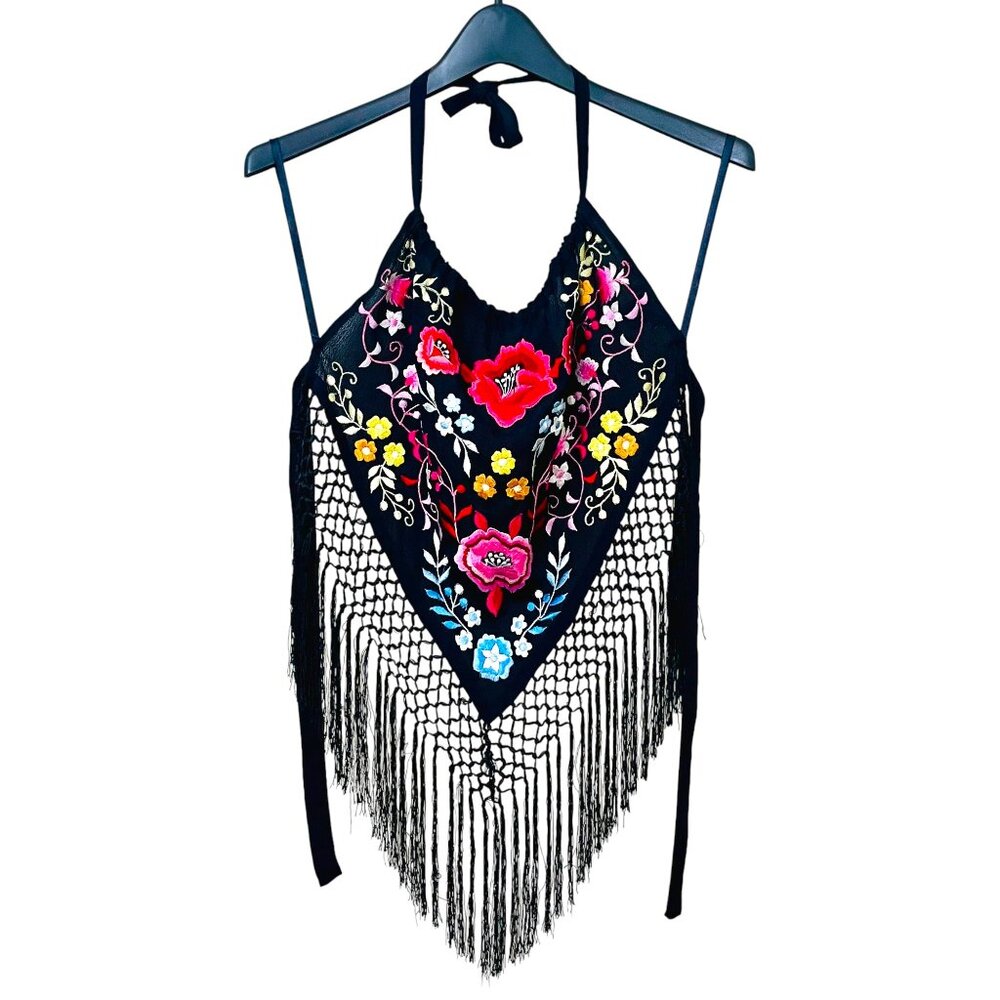 Black + Colorful Floral Embroidered Vintage Halter Top w/ Fringe Fairy Whimsey - Picture 5 of 7